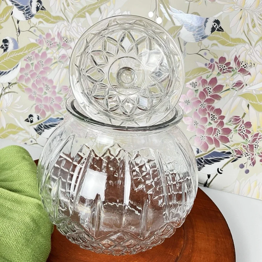 Vintage HJG Pressed Glass Candy Jar‎ Lid Diamond Cut Rose Base Art Deco MCM